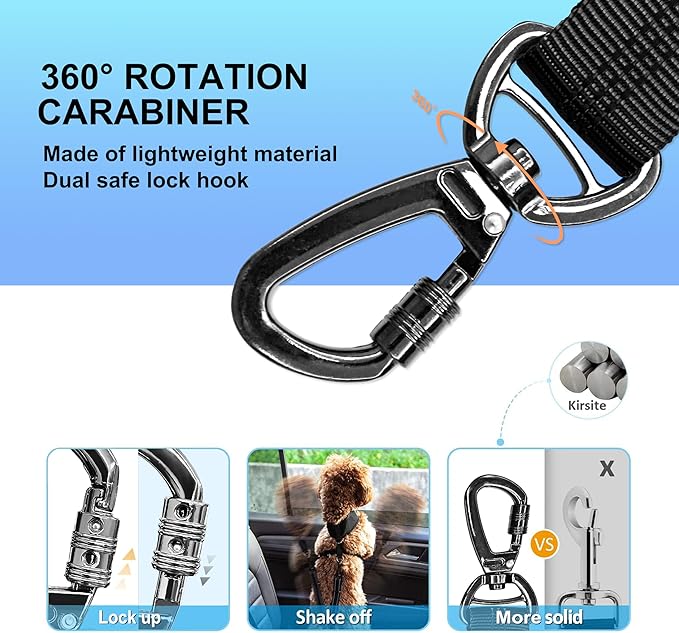 Dog Seat Belt for Car, Dog Car Harness Dog Seatbelt in Car, Safety Leash with Woven Elastic Nylon Buffer Adjustable Rotating Buckle and Dog Poop Bags (19.6-31.5in, Black)