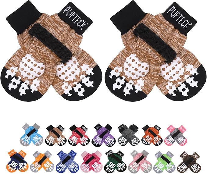 PUPTECK Anti-Slip Dog Socks with Double Sides Grips for Small Medium Large Dogs Hardwood Floors Prevents Licking, Dog Shoes for Hot Pavement Traction Control Paw Protector for Senior Dogs, Khaki L
