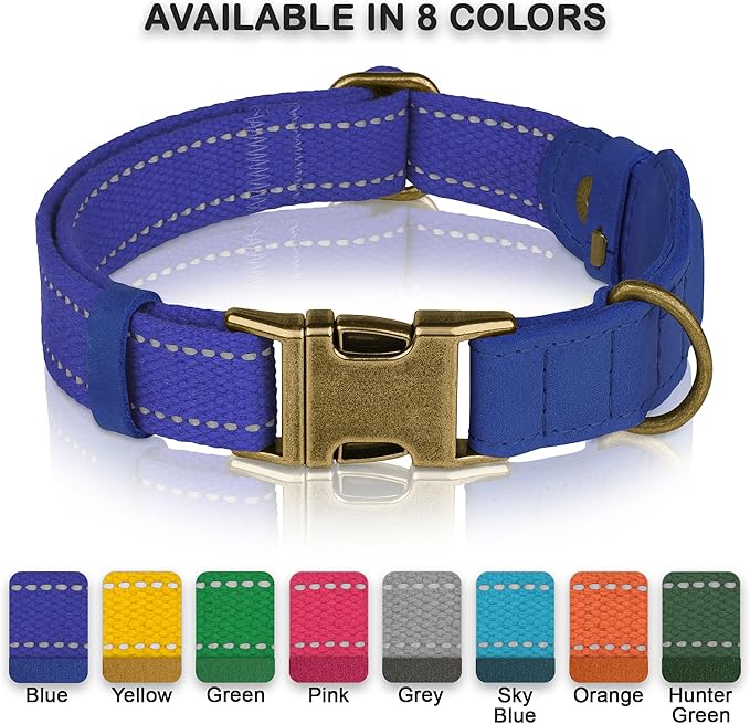 Reflective Leather Dog Collar with AirTag Holder - Soft Apple Airtag Dog Collar with Metal Buckle - Safety Cotton Pet Collars for Dogs Small Large Dogs Puppy (Blue, S, 12"-15")