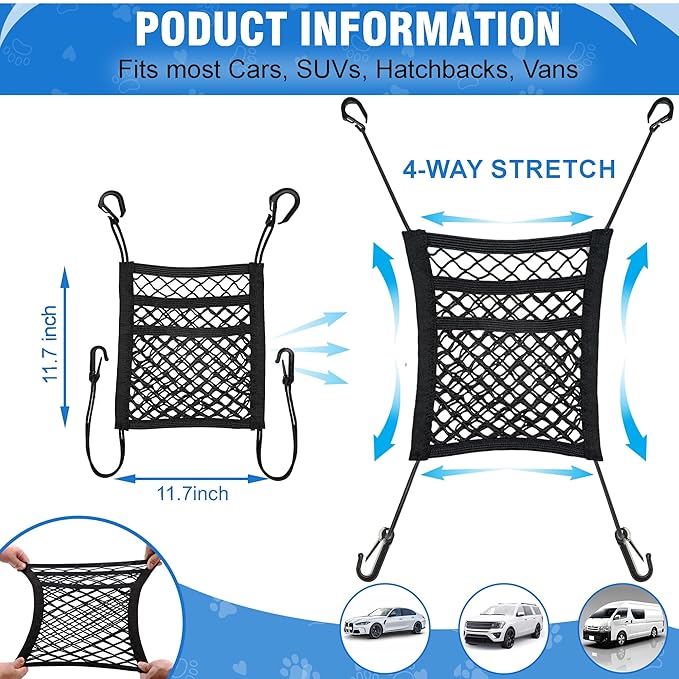 Dog Car Net Barrier 3-Layer– Stretchable Dog Car Barrier & Pet Divider Dog Barrier for Car Back Seat with Storage Mesh – Easy Install, Safer Driving with Pets & Kids – Fits Most Cars & SUVs (Style 1)