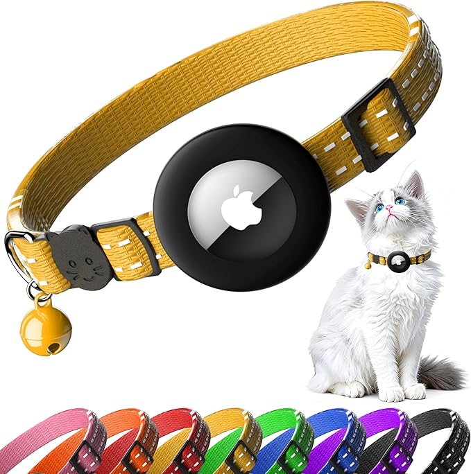 Airtag Cat Collar, Safety Breakaway Cat Collar with Apple Airtag Holder, Reflective Air Tag Kitten Collar with Bell, Adjustable Tracking Collar for Kittens for Boys Girls, Yellow