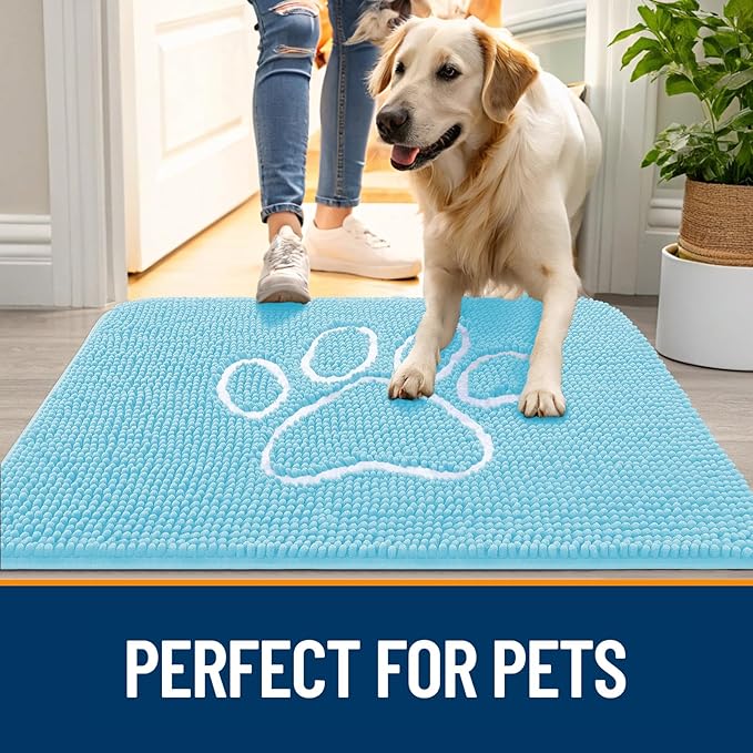 OLANLY Dog Door Mat for Muddy Paws 40x32, Paw Print Design, Absorbs Moisture and Dirt, Absorbent Non-Slip Washable Doormat, Quick Dry Chenille Mud Mat for Dogs, Entry Indoor Entryway Carpet, Blue