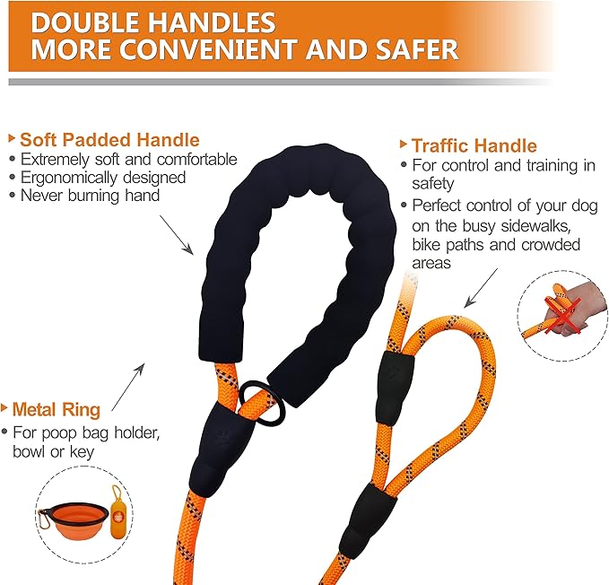 Dog Leash Heavy Duty 6ft, Double Handle Dog Leash with Padded Handle for Traffic Control, Reflective Rope Leashes for Large and Medium Dogs Night Control Safety Training (Orange)