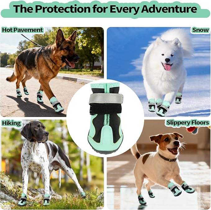 Pezluxe Dog Shoes, Waterproof Paw Protectors for Winter Snow Summer Hot Pavement, Outdoor Walk & Hiking Dog Boots for Hard Floors, Anti-Slip Sole Dog Booties for Medium Large Dogs(Green, #2)