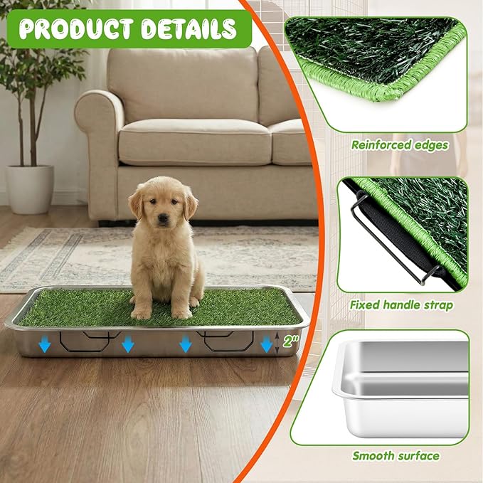Shimeyao 6 Pcs 3-Layer Dog Grass Pad with Tray, Includes 23.6" x 15.8" Stainless Steel Tray, Artificial Turf Grass Potty, and Support Grids, Reusable Portable Dog Toilet for Indoor & Outdoor Use