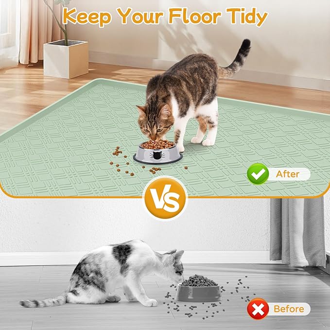 Lanstics Cat Food Mat, 42" x 29" Large Silicone Mat Cat Feeding Mat with Raised Edge Non-Slip Pet Feeding Mat for Food and Water Bowl, Easy to Clean, Floor Protection (Light Green)