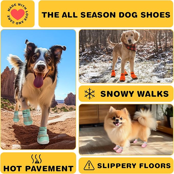 Hcpet Dog Shoes for Large Dogs, Breathable Dog Booties for Small Medium Dogs, Anti-Slip Dog Boots & Paw Protectors for Hot Pavement Winter Snow Hiking with Reflective Straps Green Size 4