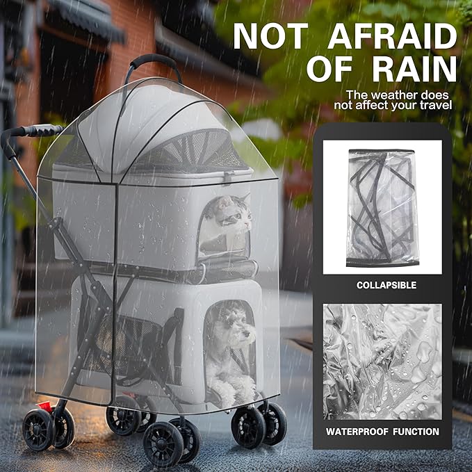 Pet Stroller Double Deck 4 Wheels Withe Rain Cover - Easy-Fold Dog Cat Stroller for Small Medium Dog Cats Carrier, Travel Folding Carrier Breathable and Visible Mesh with Cup Holder（Gray）