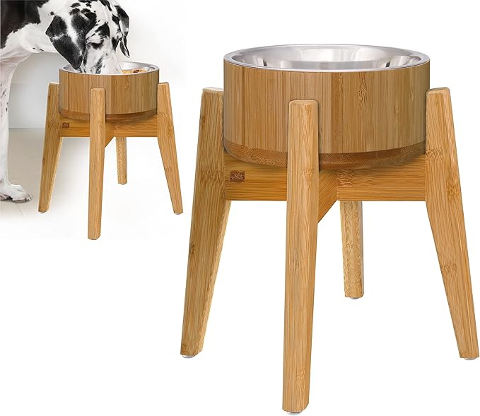 Raised Dog Bowl - Elevated 12-inch, Large Breeds Treats, Dry and Wet Foods Suitable - Deter Ants/Bugs, Resist Tip-Over - Bamboo/Steel Bowls