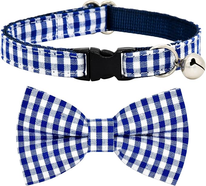 Blue Bufflo Plaid Cat Collar Bow Set, Wedding/Birthday Bowtie, Breakaway Collar for Kitten