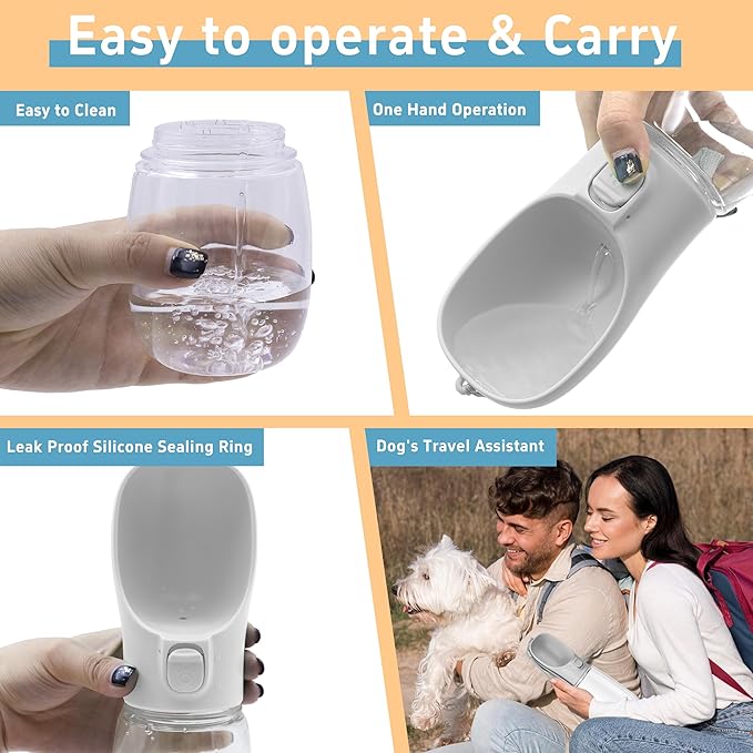 Maiiu Portable Travel Dog Water Bottle with Bowl, Leak Proof, Convenient for Walking, Hiking and Camping (Gray, 12oz)