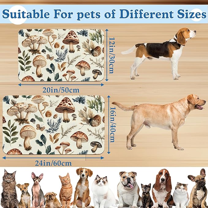 Vintage Mushroom Floral Dog Cat Food Mat–Christmas Stocking Absorbent Waterproof Placemat for Food and Water Bowls, Non Slip Rubber Backing, Feeding Mat for Clean Floors 16"x24"