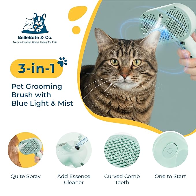 BelleBête & Co. Pet Steam Brush for Dog and Cat, Pet Hair Removal Grooming and Shedding Tool with One-Click Easy Self-Cleaning, USB Charging, No-Rinse Conditioning, Combs for Animals | White