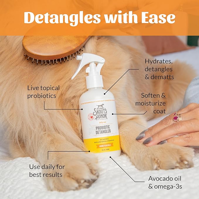 Skout's Honor Probiotic Pet Detangler Spray - Hydrating & Conditioning w/Avocado Oil, 97% Natural, Paraben & Sulfate-Free, softens for a More brushable Coat, Daily Use, 8oz, Honeysuckle