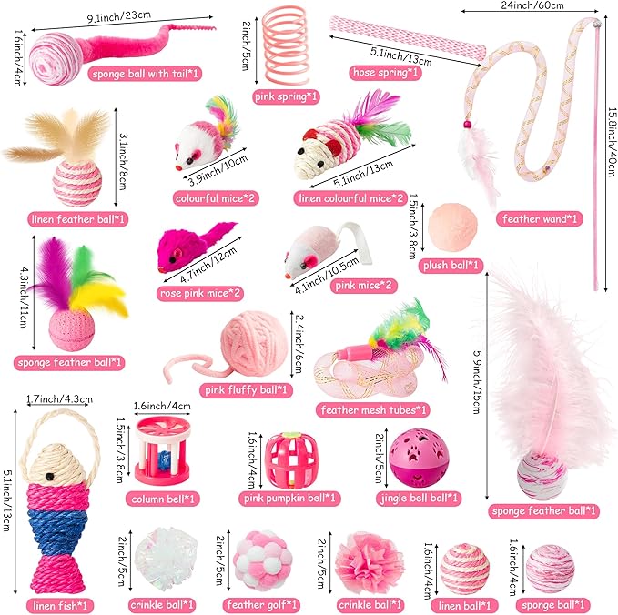 MALLMALL6 Cat Interactive Toys Set - 27Pcs Kitten Toys Stuff Pink Feather Teaser Wand Springs Mice Sisal Fish Crinkle Balls Bell Balls, Puzzle Pack for Indoor Kitty Play Exercise