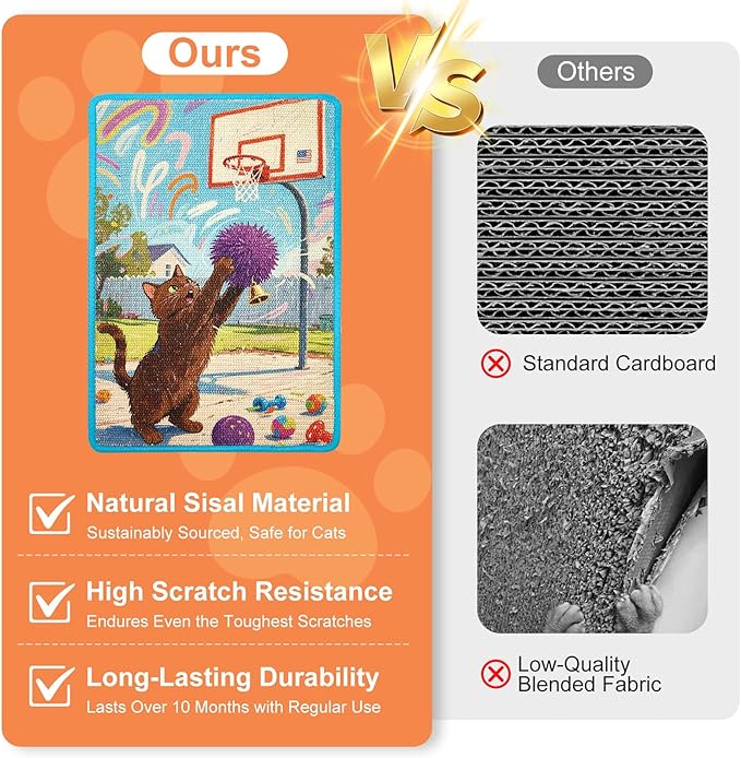 Cat Scratching Mat with Bonus Adhesive Catnip | All-in-One 23.6x15.7 Inch Sisal Scratcher for Wall/Floor, Stops Couch Carpet Scratching, Durable Anti-Slip
