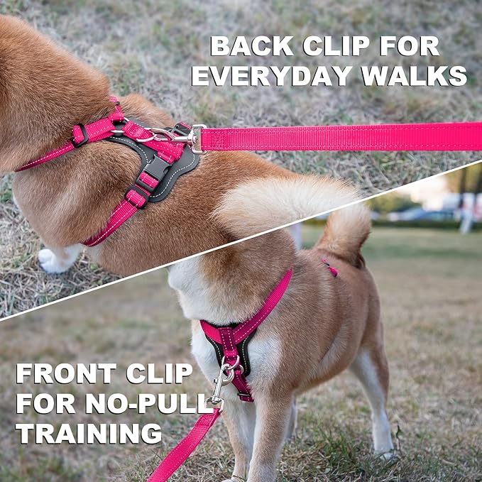 Plutus Pet Adjustable No Pull Dog Harness with Leather Accents, Heavy Duty Reflective Nylon Vest for Training, Hiking, Easy Walk Harness for Small, Medium, Large Dogs (Hot Pink, XL)