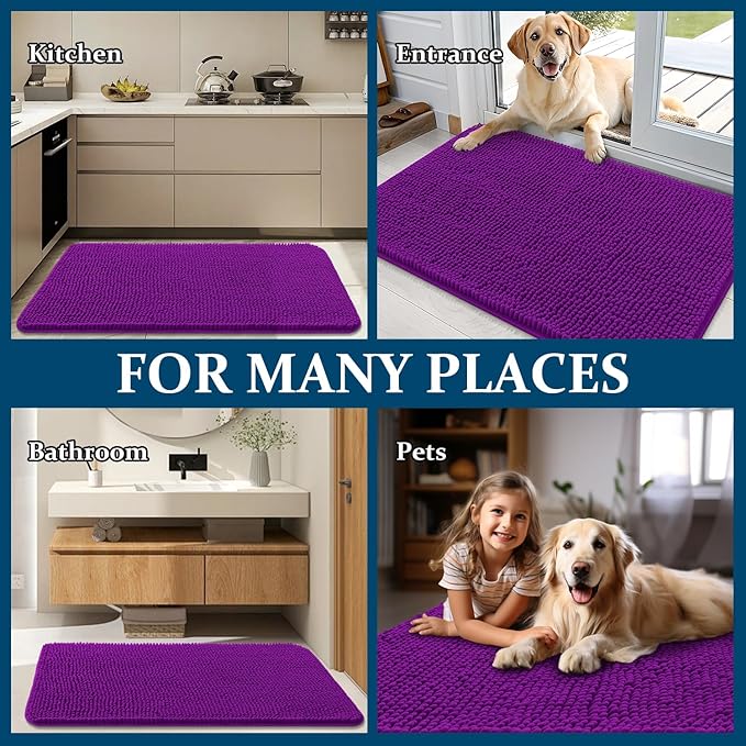OLANLY Dog Door Mat for Muddy Paws 34x21, Absorbs Moisture and Dirt, Absorbent Non-Slip Washable Doormat, Quick Dry Chenille Mud Mat for Dogs, Entry Indoor Entryway Carpet for Inside Floor, Purple