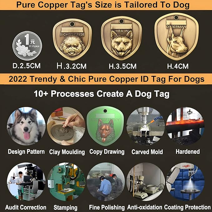 Vintage Pure Copper Pet ID Tags,Personalized Dog Tags,Three-Dimensional Relief Pet Pattern,Lettering on The Front and Back,Custom Pet Tags (A16-French Bulldog)