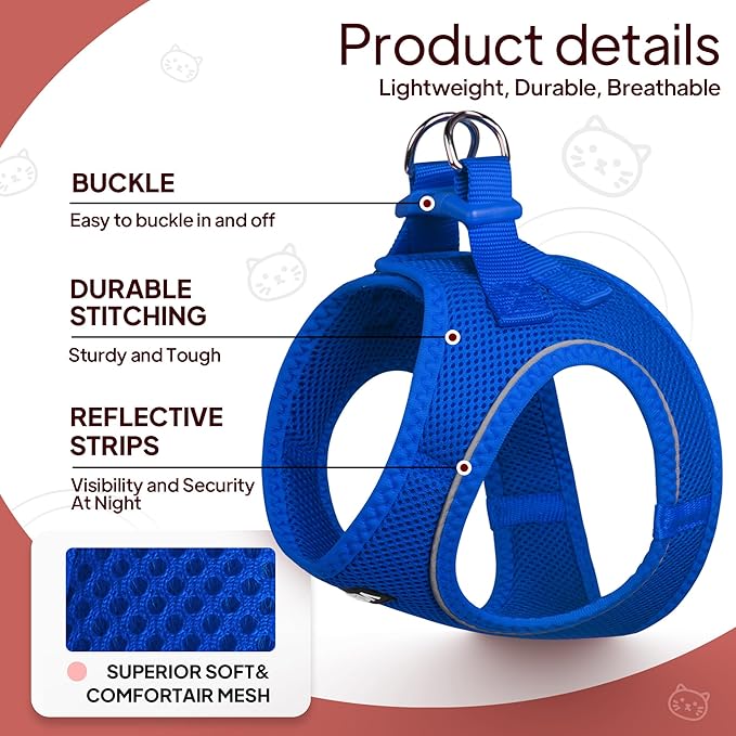 TwoEar Cat Harness Escape Proof, Soft Dog Vest Harness Adjustable, Breathable Mesh Step-in Puppy Walking Jacket Reflective Easy Control for Extral Small Pets for Outdoor Walking(XXS, Blue)
