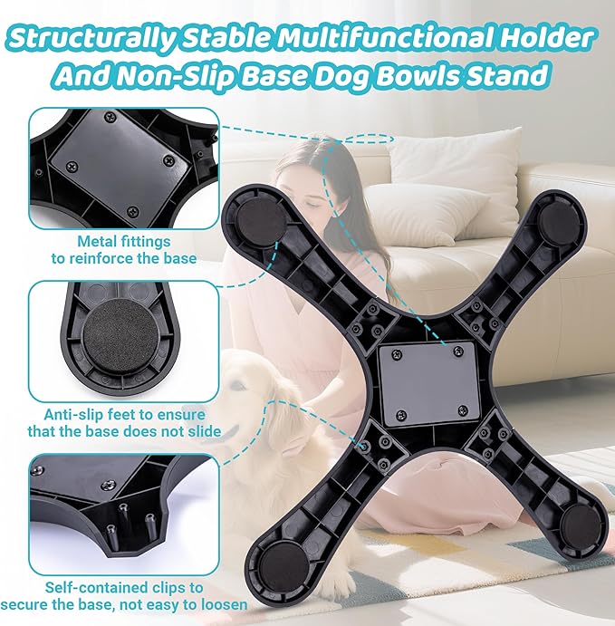 Elevated Dog Bowl, Adjustable Stand Heights and Width, Non-Slip Foot Mats, Tilting Raised Dog Bowls with Metal Knob for Small, Medium and Large Dogs Breed (2 Pack), Black