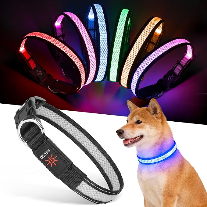 Weesiber Light Up Dog Collar, USB Rechargeable LED Dog Collar Glow in The Dark, Adjustable Reflective Waterproof Dog Collar Light for Night Walking (RGB, L)