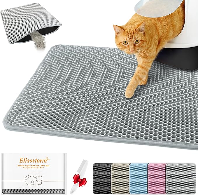 Waterproof Cat Litter Mat, Double Layer EVA, Odor-Free Large Grid, Urine Proof, Easy Cleanup (Gray, 12 x 18)