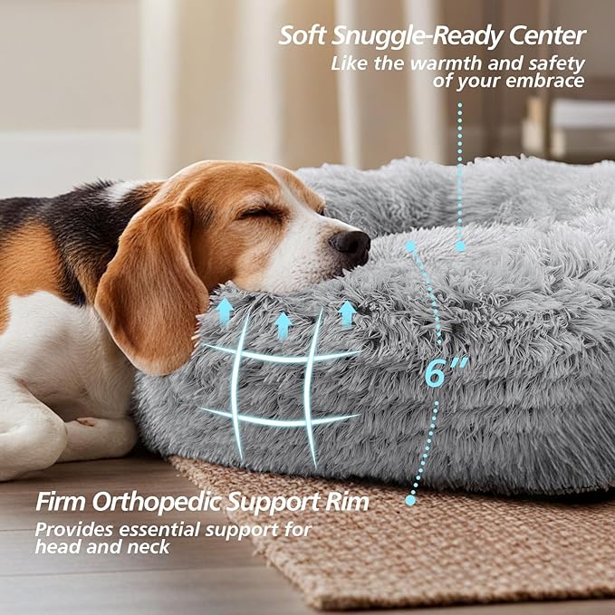 JOLLYVOGUE Calming Small Dog & Cat Bed for Indoor Cats - 20 inches Washable Donut Dog Bed for Kittens & Puppies, Anti-Anxiety Round Fluffy Plush Pet Beds (Fits up to 15 lbs, Grey)