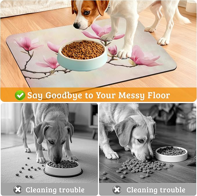 Pink Magnolia Feeding Mat,Vintage Flowers Absorbent Quick-Dry Cat Dog Food and Water Bowl Mats,Non-Slip Rubber Backing Mat,Cat Dog Accessories Supplies 16" x 24"