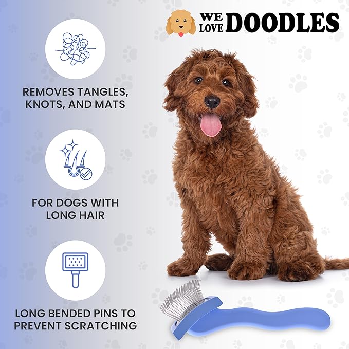 Slicker Brush for Dogs, Dog Grooming Supplies - Best Doodle & Poodle Brush for Long Haired Dogs - Goldendoodle Long Pin Detangler For Dematting (Small Curved)