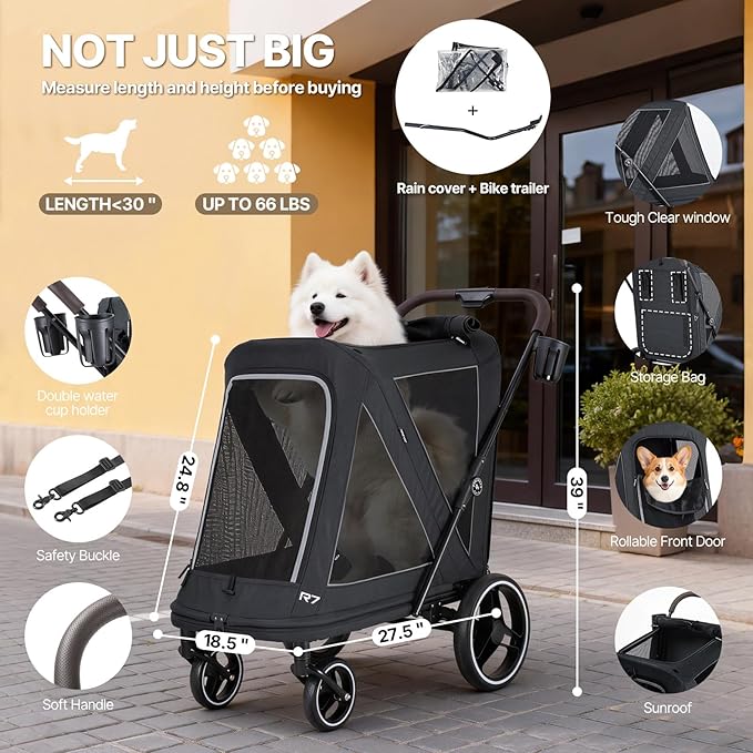 Beberoad Dog Stroller for Large Dogs, 2-in-1 Pet Stroller Dog Bicycle Trailer, R7 All-Terrain ER Tires with Shock Absorption, One-Second Fold, Mesh Windows, Detachable & Washable Waterproof Fiber
