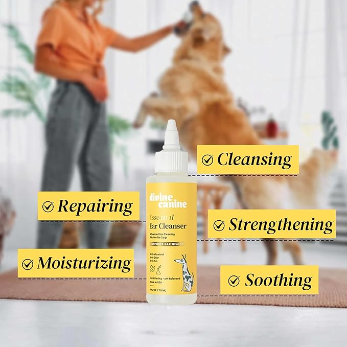 Dog Ear Cleaner - 4 Fl Oz of Dog Ear Wash - Drops to Dissolve Wax, Combat Odor, and Support Healthy Ears - Made with Chamomile, Honey, and Aloe - Made in The USA