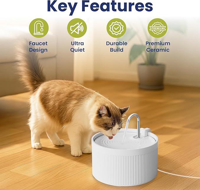 PawsPik Ceramic Serenity Pet Water Fountain – Faucet-Style Spout, Quiet Motor, 5-Layer Filter – BPA-Free Ceramic Bowl for Dogs & Cats, 9-Cup, White