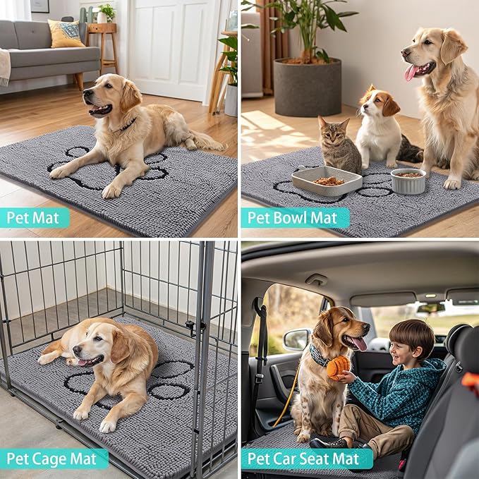 Smiry Dog Door Mat for Muddy Paws, Absorbent Dirt Trapper Non Slip Quick Dry Washable Chenille Mat for Mud Dogs, Entry Rug for Indoor and Outdoor (24x16 Inches, Grey and Black)