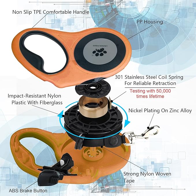 CROWN PAWS 16 ft Retractable Dog Leash for Extra Large Dogs up to 130 lbs,Tangle-Free Nylon Tape,Orange Dan24 XL