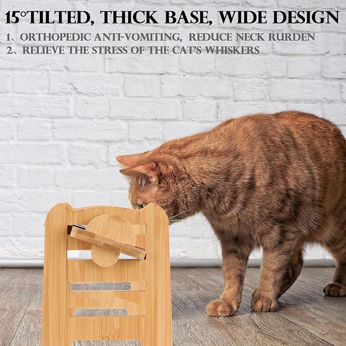 2 Set Elevated Dog Cat Bowls, 15 Tilted Raised Pet Bowl for Puppy and Cats Adjustable Dog Food Feeding Dishes Wood Stand Pet Feeder with Stainless Steel and Non Slip Feet