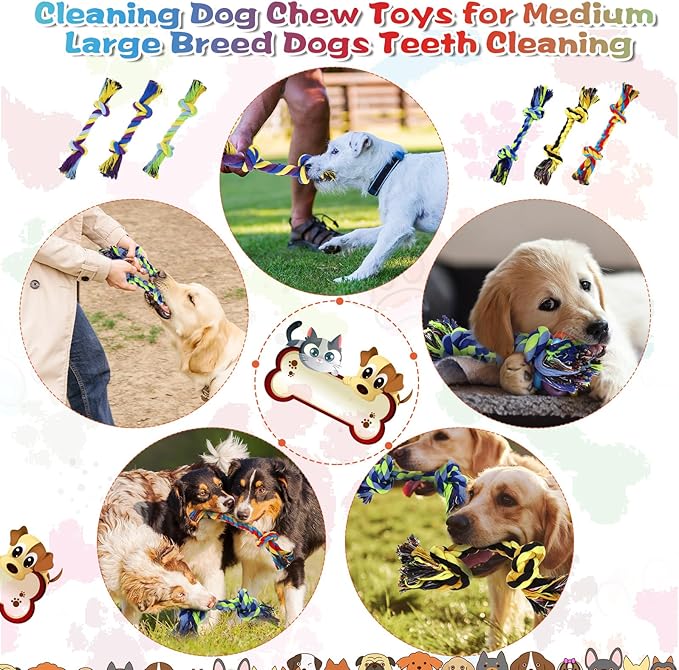Glimin 24 Pack Large Dog Rope Toys 10 Inch Chew Toys Bulk Natural Cotton Dog 2 Knot Dog Toy 2 Knots Chew Rope Toy Teething Rope Toys for Aggressive Chewers and Medium Dogs