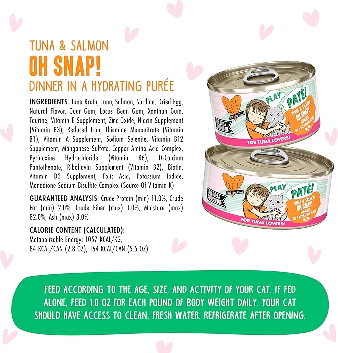 Weruva B.F.F. Play - Best Feline Friend Paté Lovers, Aw Yeah!, Tuna & Salmon Oh Snap! with Tuna & Salmon, 5.5oz Can (Pack of 8)