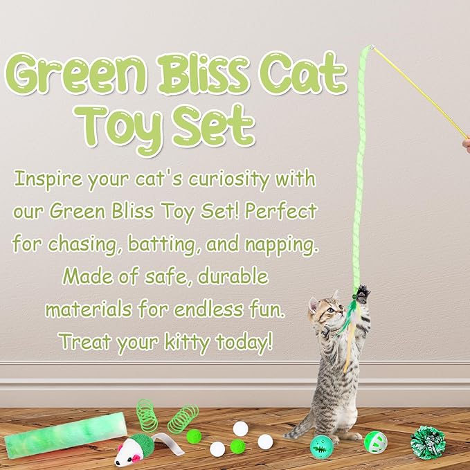 Foilswirl 24 Pcs Cat Toys Set Interactive Kitten Toys Pack Including Collapsible Play Tunnel Feather Teaser Wand Fuzzy Ball Springs Pillow Mouse Bells for Indoor Cats Puppy(Green)