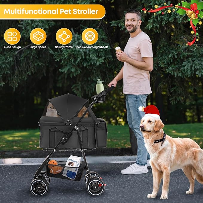2-in-1 Foldable Pet Stroller with Canopy, 4 Wheels Pet Strolling Cart for Small/Medium Dogs and Cats with Removable Carrier,Breathable Mesh,Mom Tote Bag,Cup Holders,Easy Assembly,Black