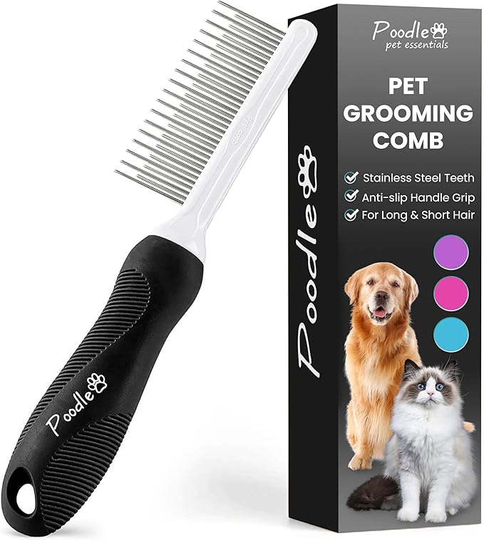 POODLIE Poodle Pet Dog Combs for Grooming Matting - Metal Comb for Dogs with Long & Short Stainless Steel Teeth - Dematting Comb for Cats to Remove Matted Hair & Knots, Black