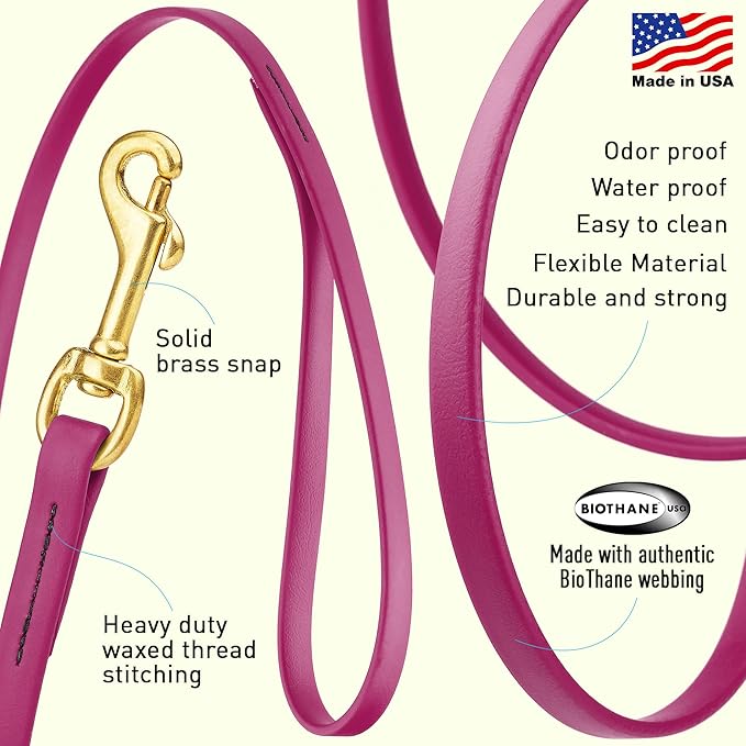 Viper Biothane K9 Working Dog Leash Waterproof Lead for Tracking Training Schutzhund Odor-Proof Long Line with Solid Brass Snap for Puppy Medium and Large Dogs, 33ft Magenta Pink