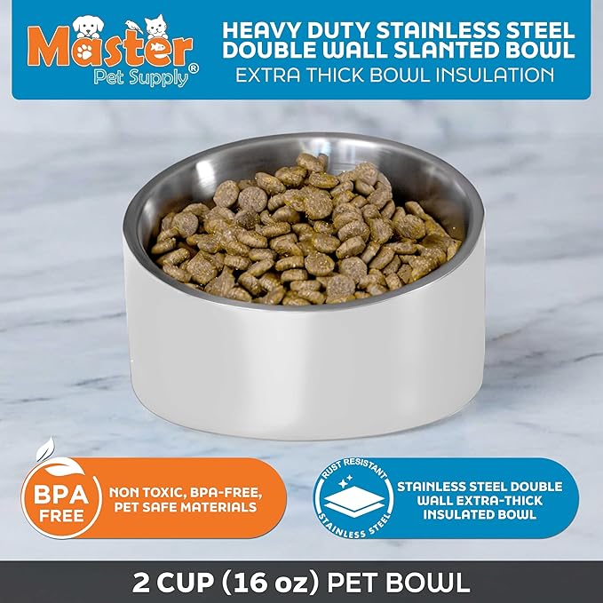 Master Pet Supply Stainless Steel Slanted Dog Cat Food Bowl - 16 oz Heavy Duty - Bone White, Double Wall Insulated, Non-Slip Elevated Bowl for French Bulldogs Pugs Cats, Anti Rust Dishwasher Safe