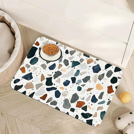 Terrazzo Stone Colorful Dog Cat Food Mat,Absorbent Pet Feeding Mat for Food and Water,Non-Slip Dog Bowl Mats Floor Protector 16"x24"