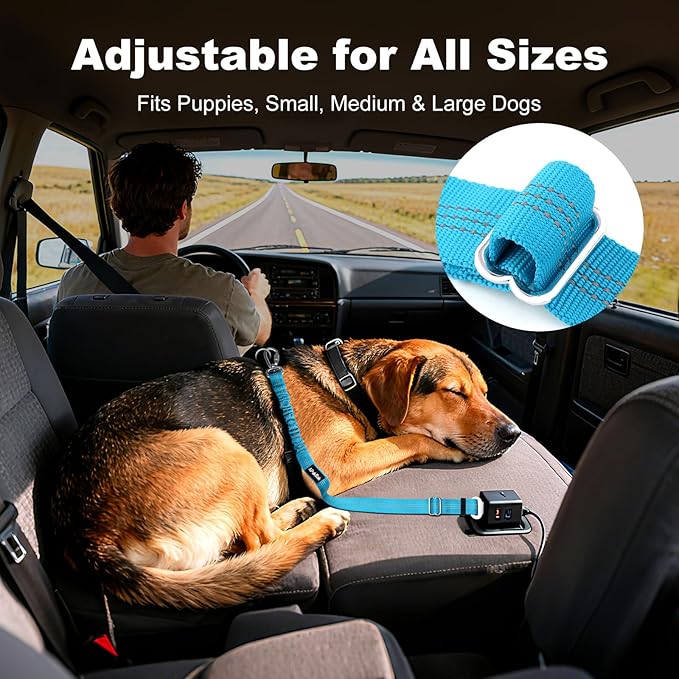Dog Seat Belt for Car, Adjustable Dog Car Harness Seatbelt for Small Medium Large Dogs, Heavy Duty Travel Safety Restraint with Locking Aluminum Hook & Reflective Nylon Strap, Light Blue