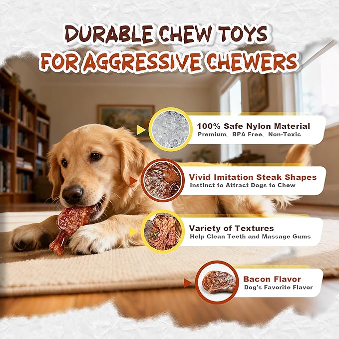 GASAPET Dog Chew Toys for Aggressive Chewers,3 Tough Dog Toys for Medium and Large Breed, Real Bacon Flavored Best Dog Toys to Keep Them Busy, Dog Bones Steak for Teeth Cleaning and Training (Yellow)