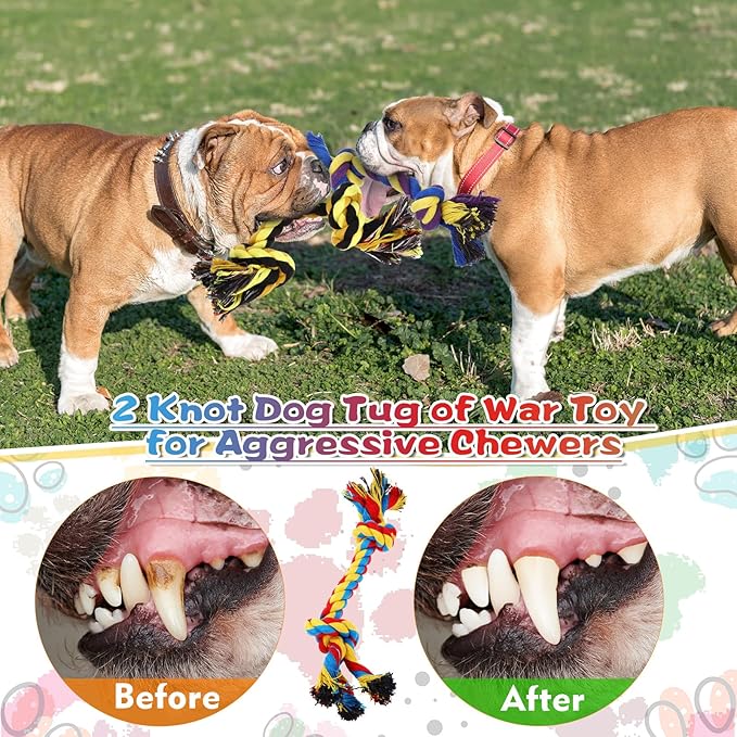 Glimin 24 Pack Large Dog Rope Toys 10 Inch Chew Toys Bulk Natural Cotton Dog 2 Knot Dog Toy 2 Knots Chew Rope Toy Teething Rope Toys for Aggressive Chewers and Medium Dogs