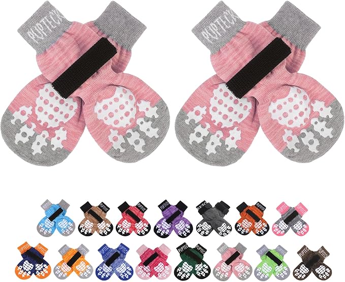 PUPTECK Anti-Slip Dog Socks with Double Sides Grips for Small Medium Large Dogs Hardwood Floors Prevents Licking, Dog Shoes for Hot Pavement Traction Control Paw Protector for Senior Dogs, Pink XL