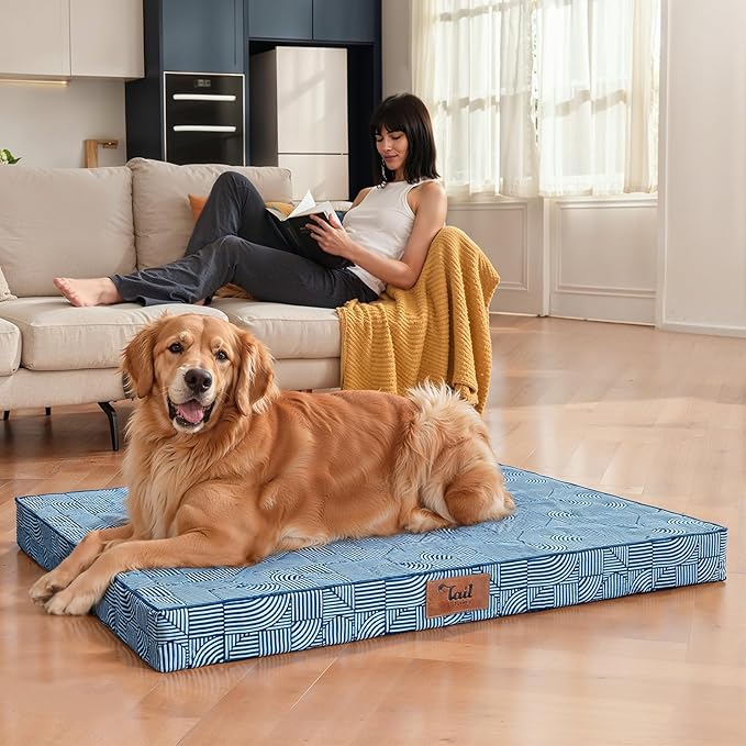 Outdoor Large Washable Dog Bed, Orthopedic Egg Crate Foam Dog Crate Mat for Large Dogs with Removable Oxford Cooling Cover, White Blue