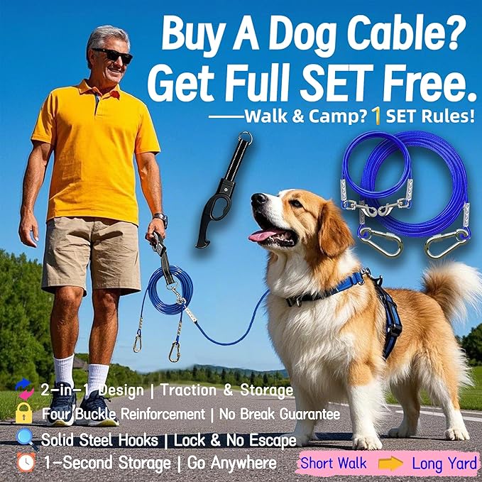 TOPKNOT 2 Pack Dog Tie Out Cable(up to150 lbs),30 ft Dog Leads for Yard Heavy Duty,with 4 ft Leash and Versatile Handle